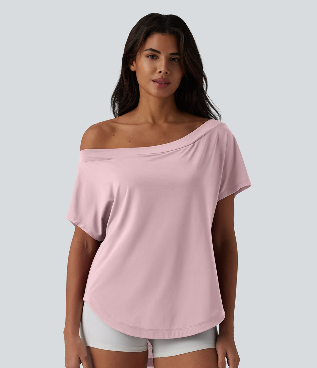 Top de sport yoga asymétrique à épaule dénudée manches courtes ourlet arrondi et coupe asymétrique à séchage rapide – Soutien-gorge intégré