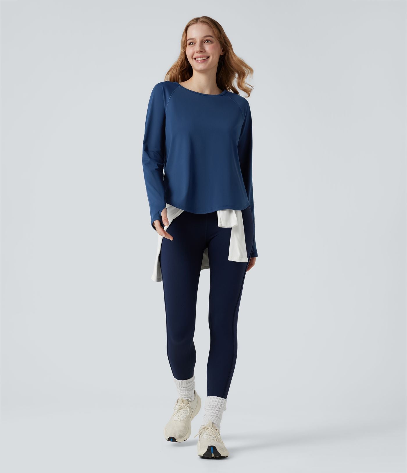 Top de sport col rond mesh contrastant manches longues avec trous pouces