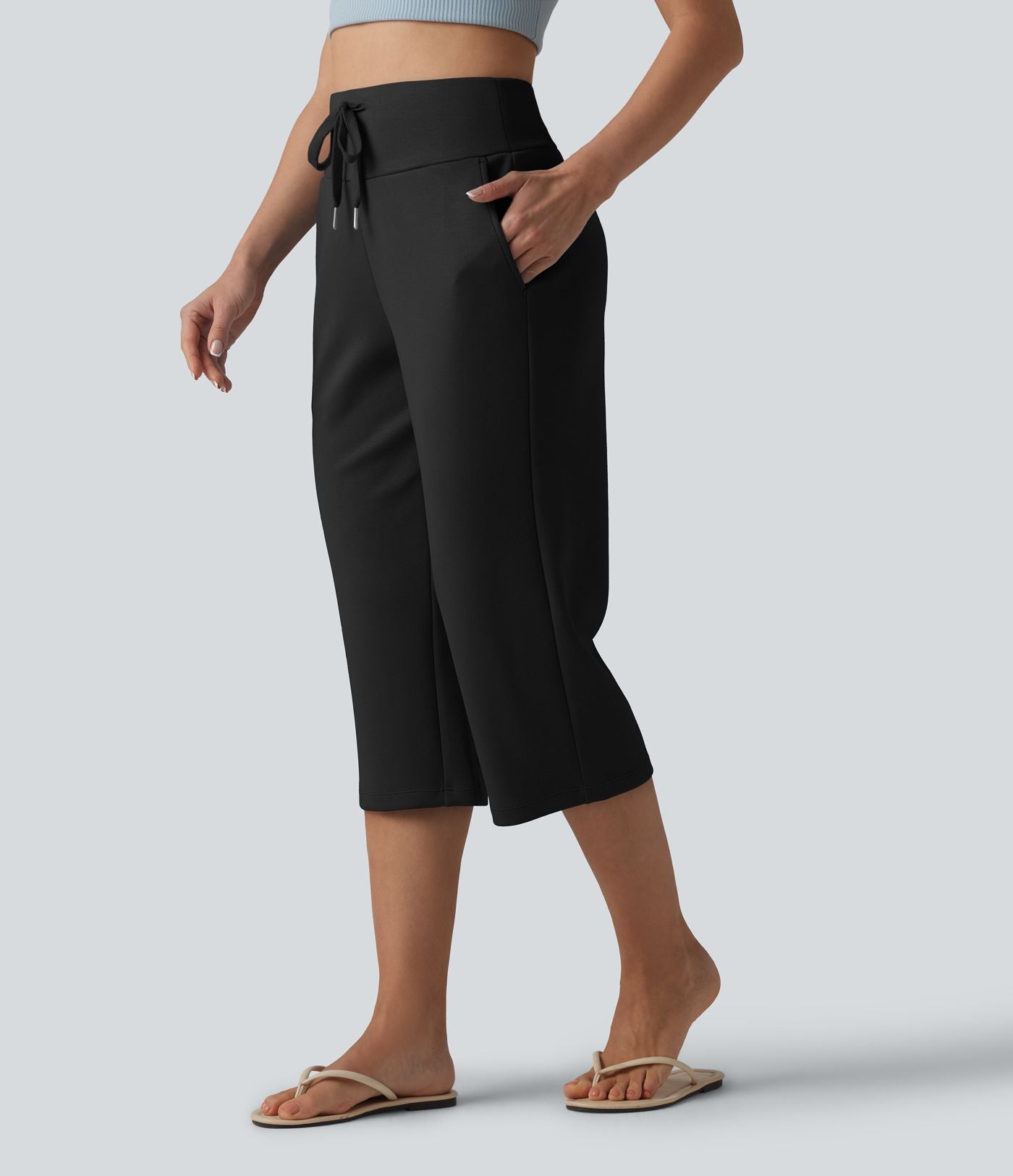 Pantalon Capri décontracté à taille haute, coupe droite, cordon de serrage et poches