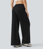 Pantalon large décontracté maille gaufrée taille mi-haute avec cordon et poches