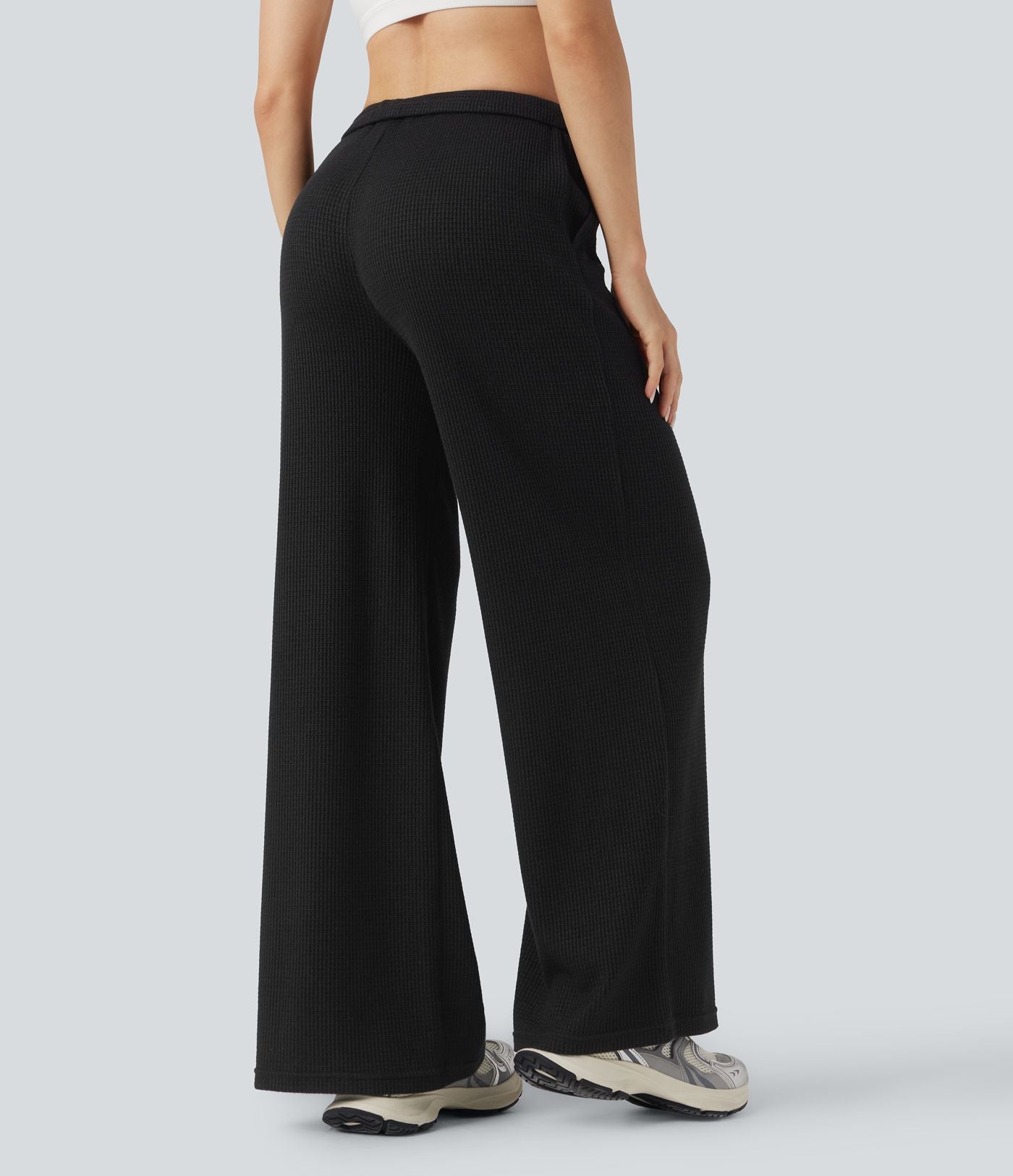 Pantalon large décontracté maille gaufrée taille mi-haute avec cordon et poches