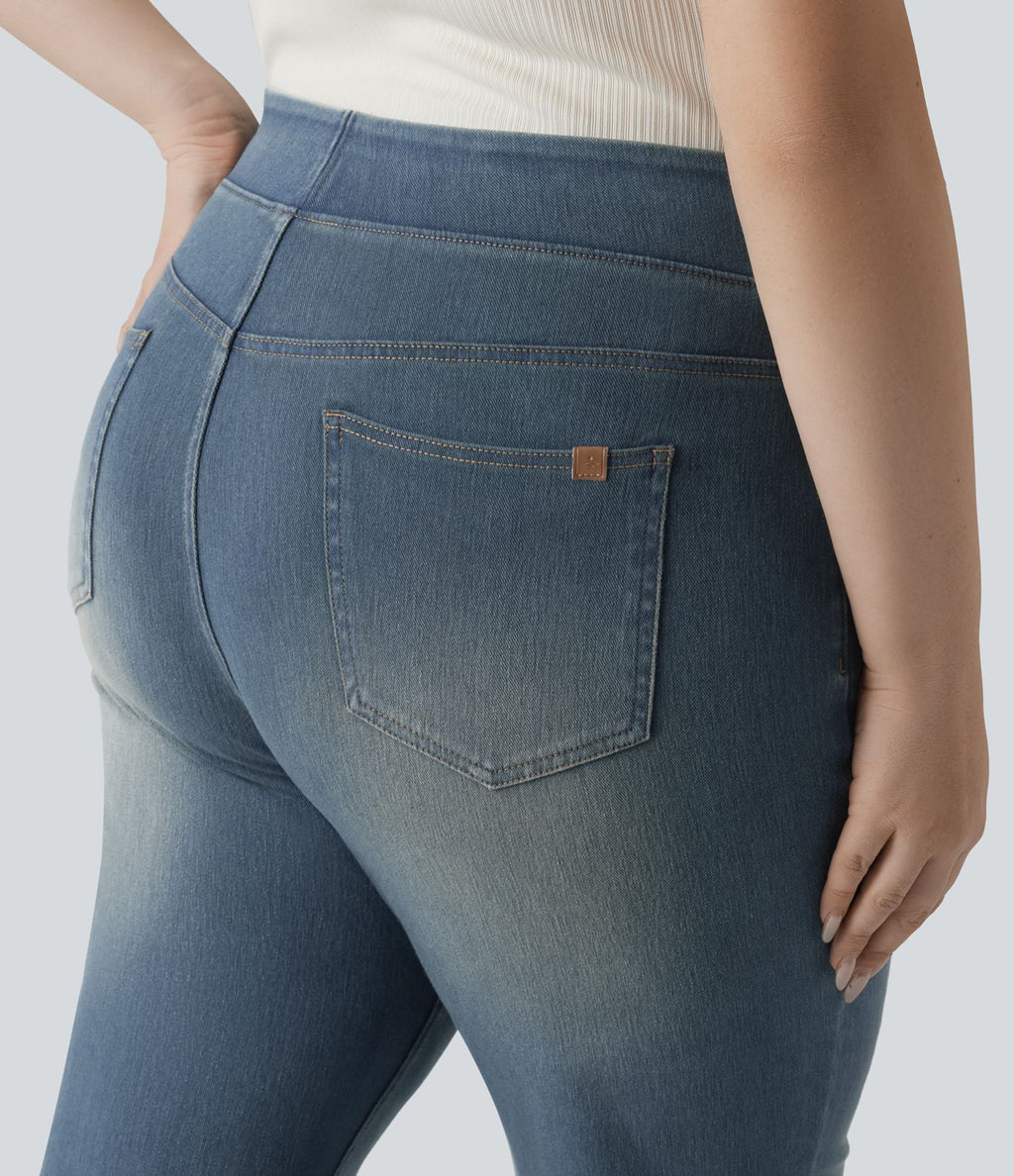 Jean décontracté Halara Flex™ grande taille bootcut taille haute en maille extensible délavée avec multiples poches