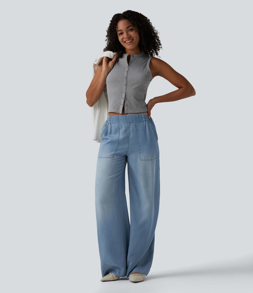 Jean large décontracté taille mi-haute en lyocell drapé avec poches