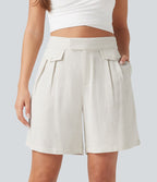 Short casual en mélange de lin taille haute 15 cm avec poches