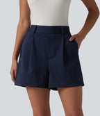 Short tailleur ample à rayures plissées taille haute avec poches