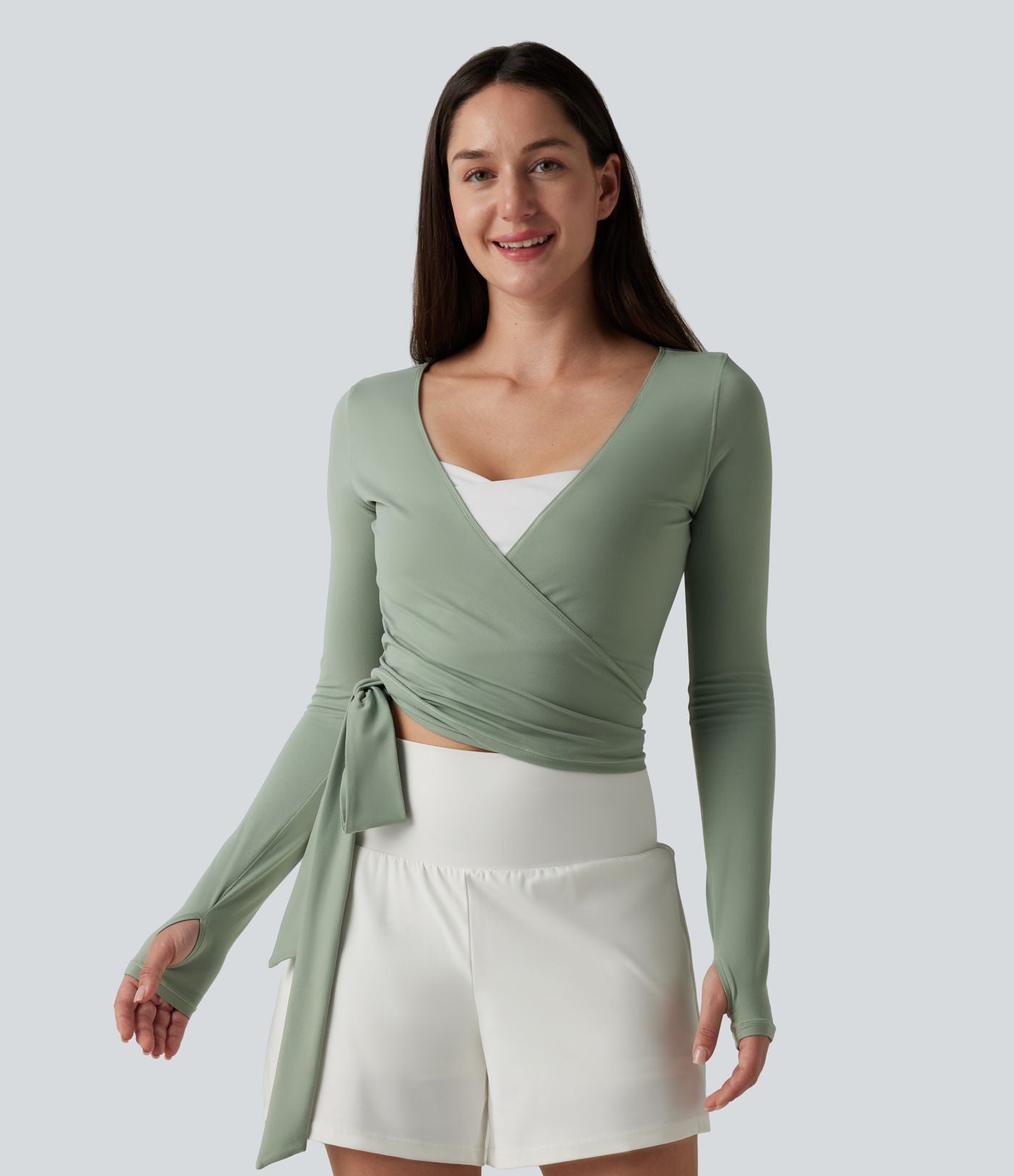 Haut casual SoftlyZero™ cache-cœur à manches longues avec passe-pouces, protection solaire UPF 50+