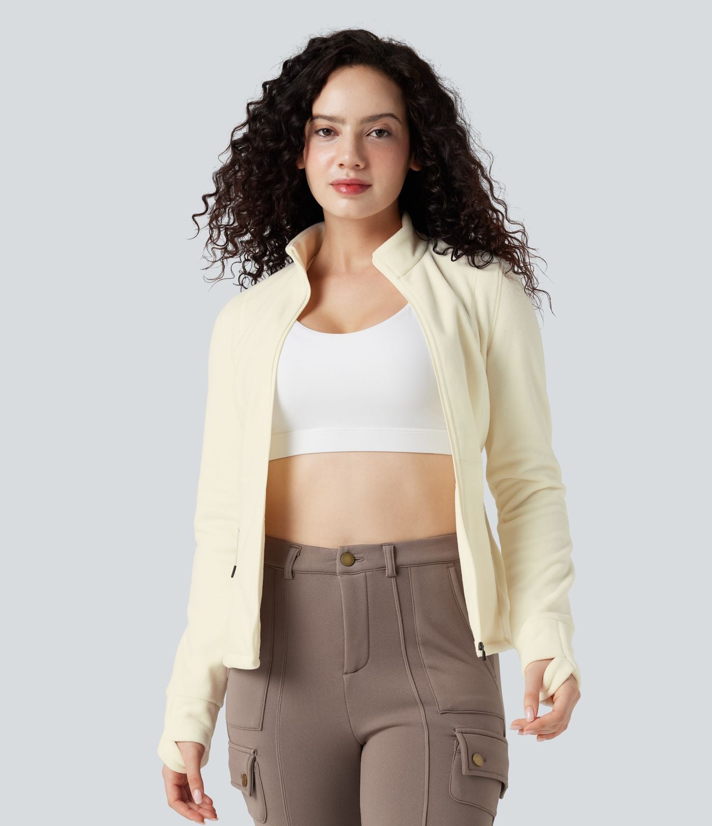 Veste randonnée col cheminée manches longues avec trous pour pouces et poches