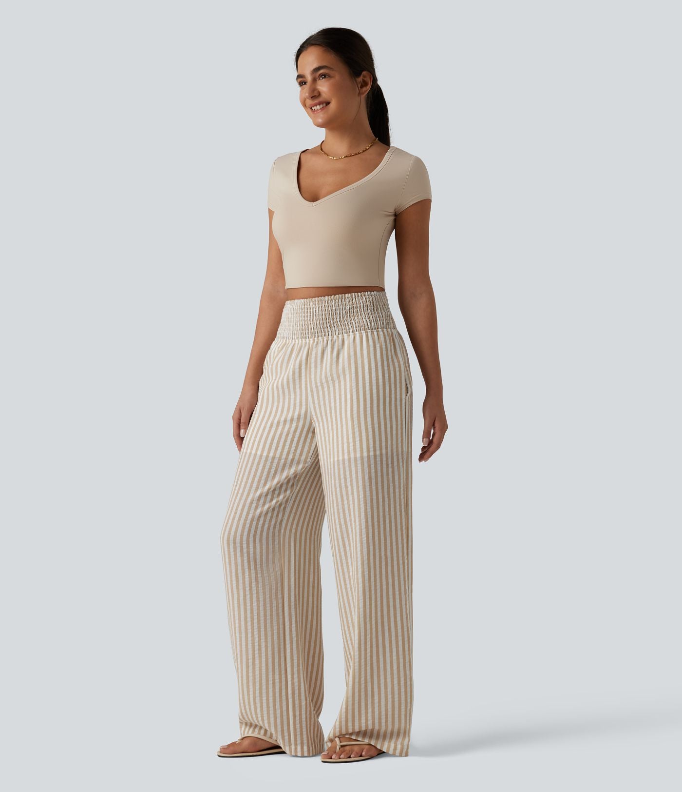 Pantalon coupe droite décontracté 2 en 1 taille haute froncé à rayures aspect lin avec poches