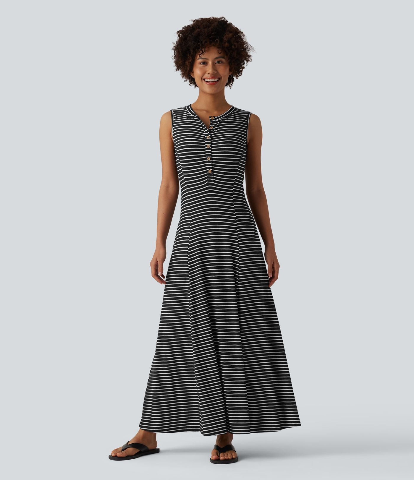 Robe longue fluide casual Henley sans manches à rayures avec poches