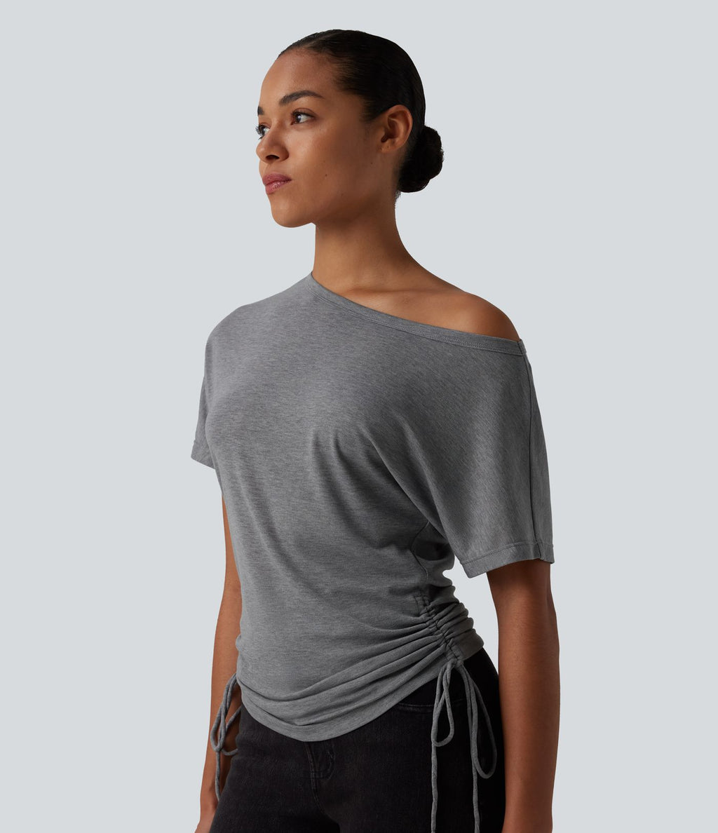 T-shirt décontracté asymétrique manches courtes avec cordon de serrage mélange laine