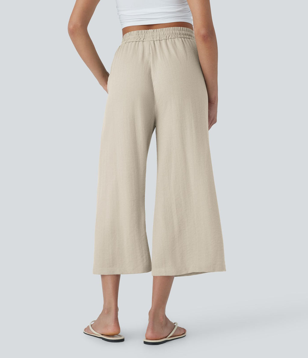 Pantalon décontracté aspect lin 7/8 à taille haute, jambe large avec cordon de serrage et poches latérales