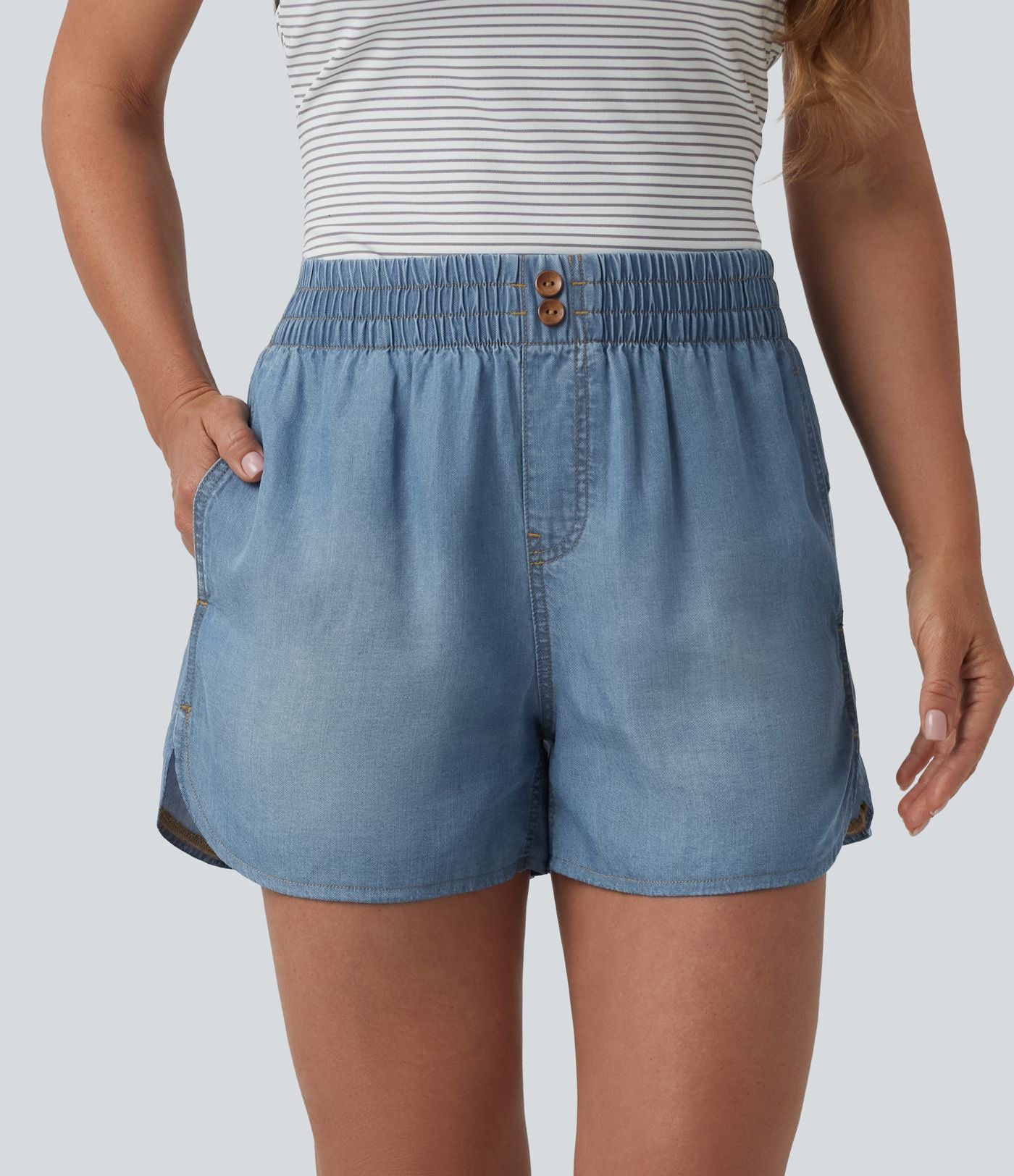 Short en jean décontracté taille mi-haute en lyocell drapé, 9 cm, avec poches