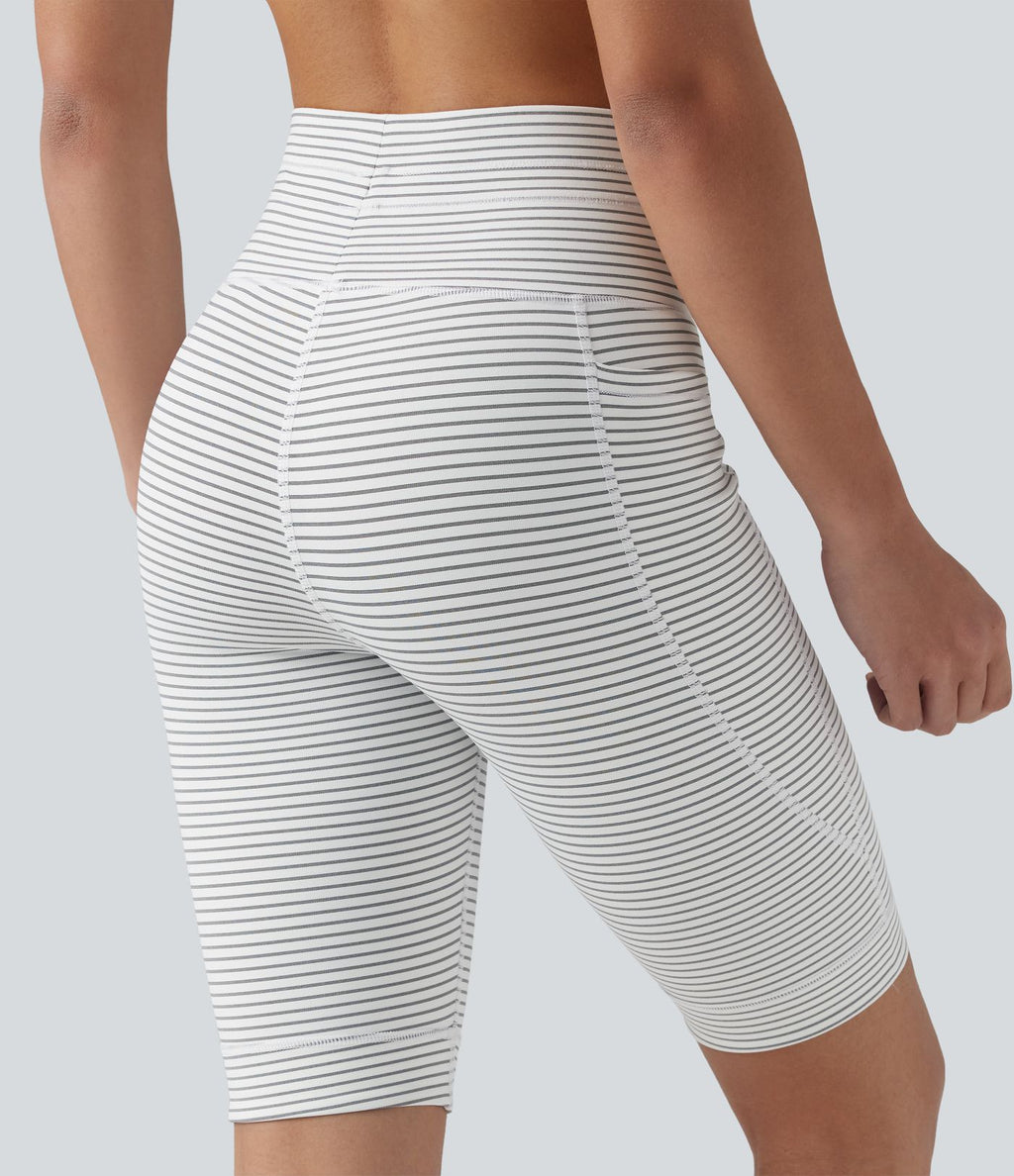 Short cycliste de yoga taille haute à rayures avec cordon de serrage 23 cm et poches