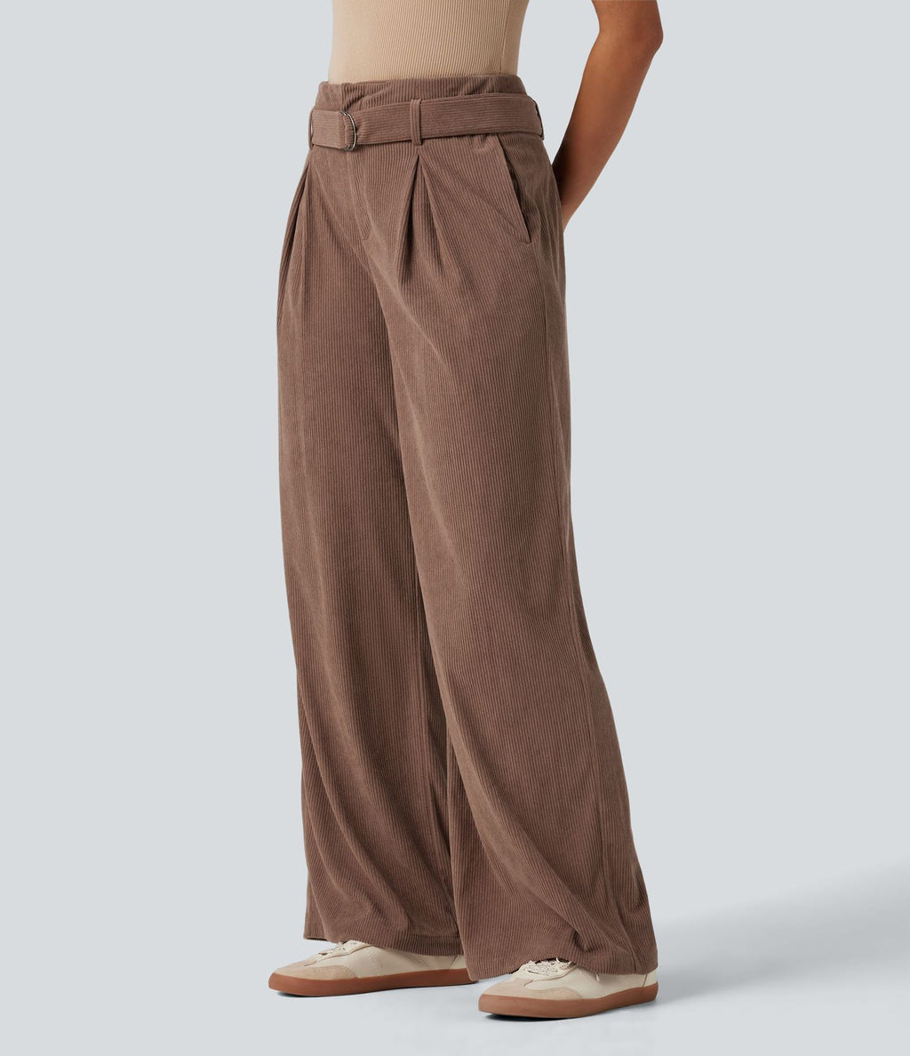 Pantalon décontracté large en velours côtelé avec ceinture, taille haute, avec poches