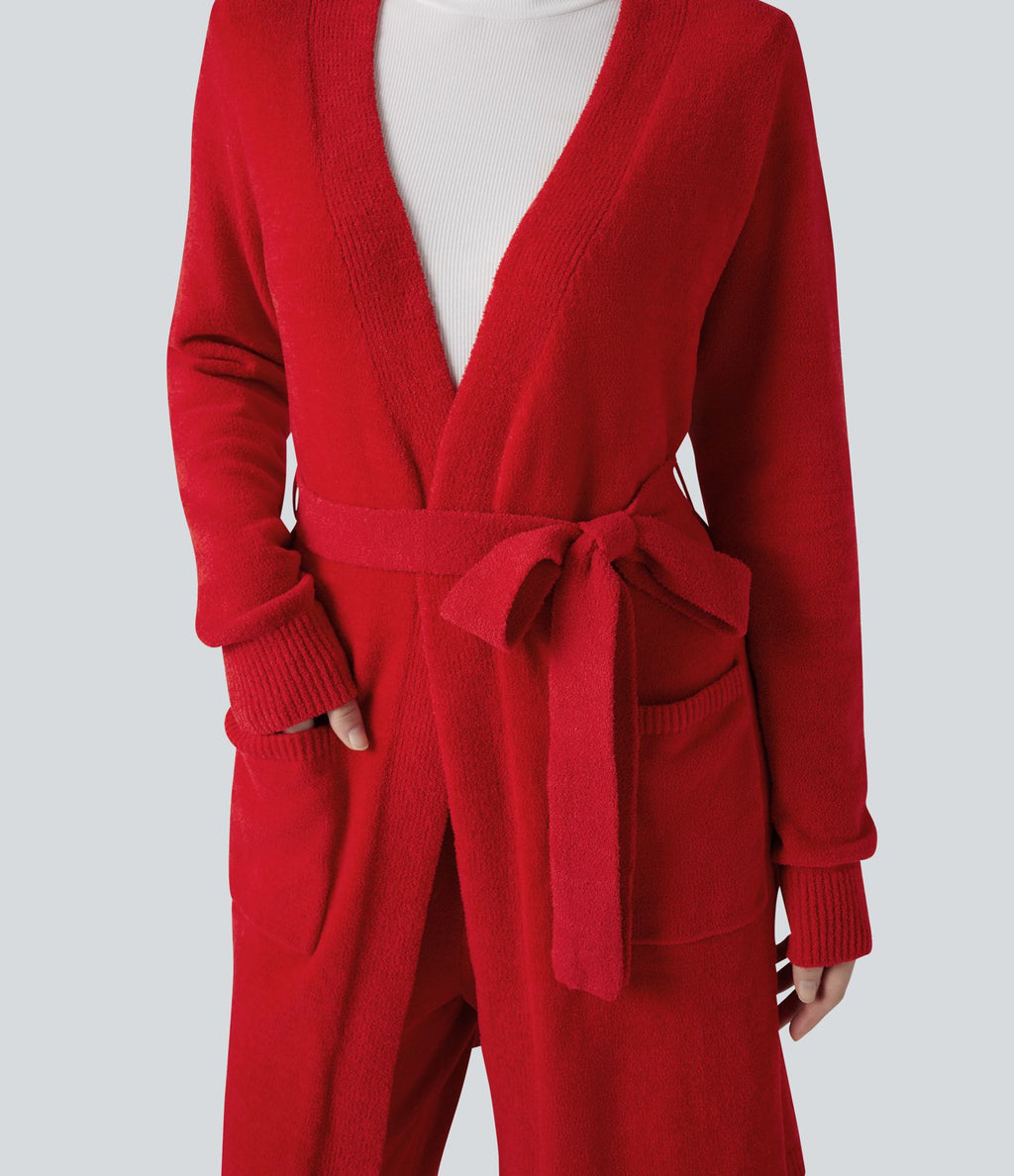Robe d'intérieur longue tricot ouverte ceinturée manches longues avec poches