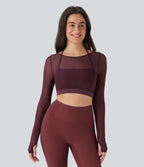 Haut de sport yoga crop top 2-en-1 avec col licou, dos nu, manches longues, passe-pouces et mesh contrastant