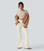 Pantalon Taille Haute Casual Évasés en Tricot Côtelé avec Poches Latérales et Croisé