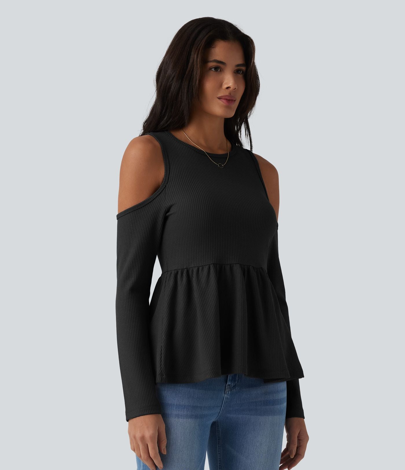 T-shirt décontracté gaufré col rond manches longues découpes ourlet à volants