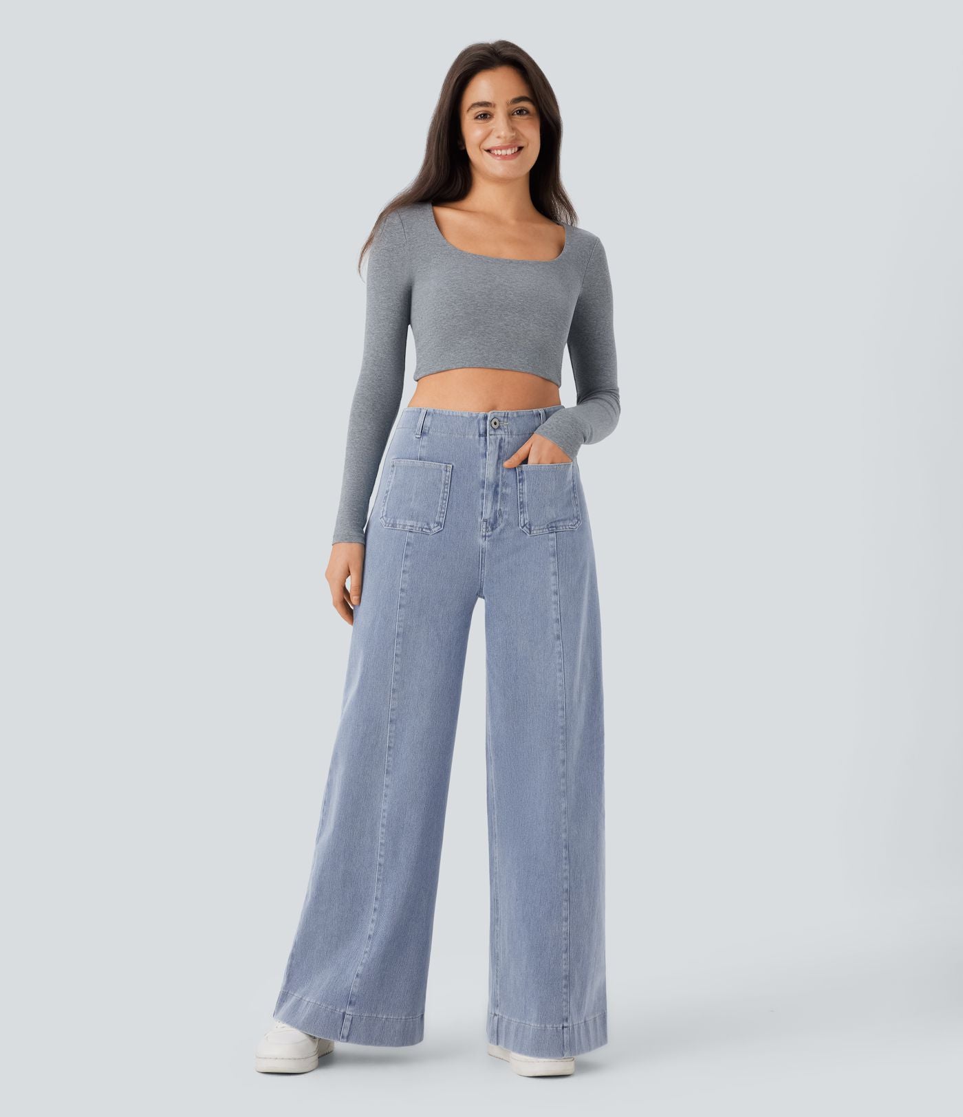Halara Flex™ Jean large Palazzo et Taille Haute avec Poches Avant en Tricot Extensible Lavé
