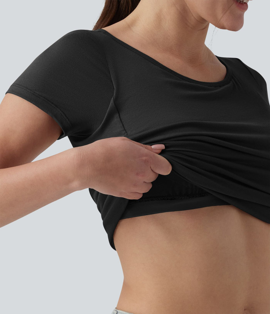 T-shirt casual ajusté côtelé col bateau manches courtes avec fronces et brassière intégrée