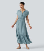 Robe midi décontractée fluide, col V, manches courtes