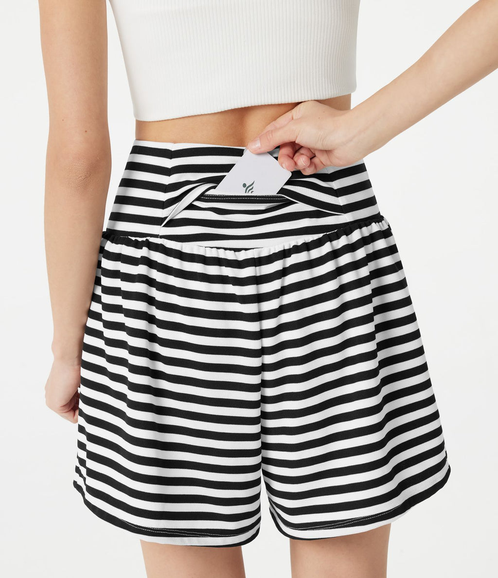 Short casual 2-en-1 à rayures en tissu gaufré taille haute 12,5 cm avec poches