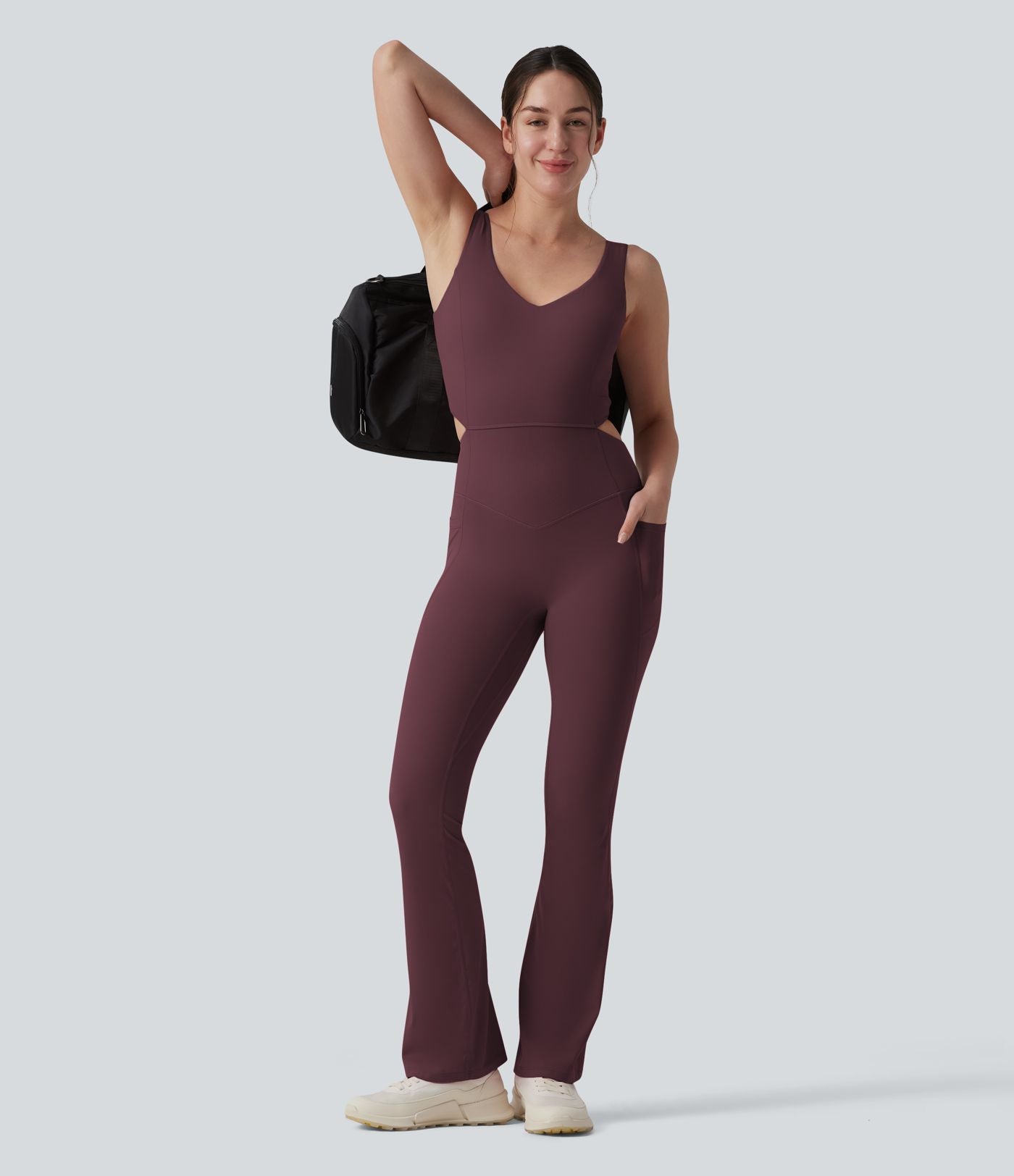 Combinaison d'entraînement Halara UltraSculpt™ évasée dos nu croisé gainante galbante avec fronces et coussinets fixes avec poches - Easy Peasy