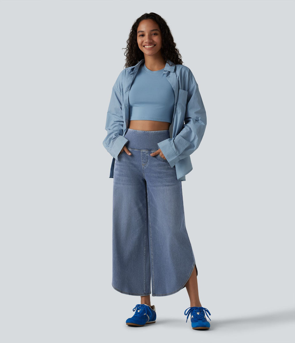Halara Flex™ Jean large casual 7/8 ventre plat taille haute avec ourlet arrondi et poches