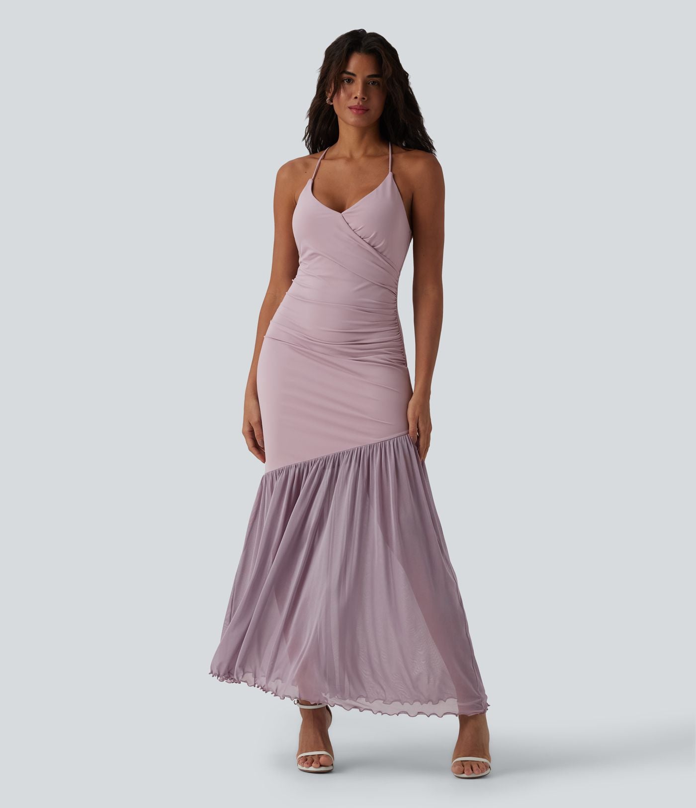 Robe maxi fluide bretelles décolleté cœur à lacer maille contrastante
