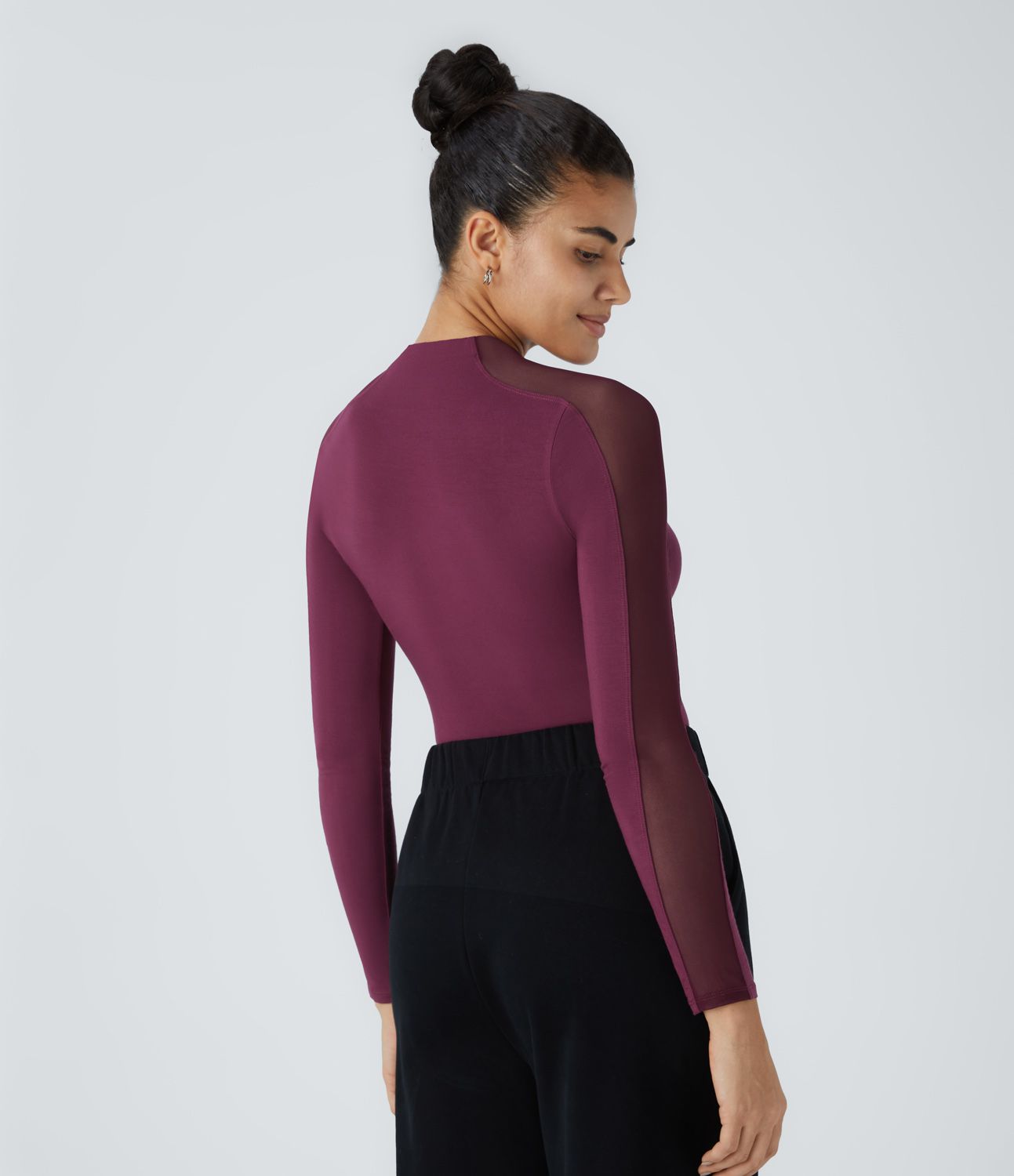 Top de Travail Skinny à Col Montant Manches Raglan Longues Mesh Contrastés