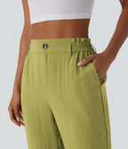Pantalon capri effet lin taille haute avec poches zippées