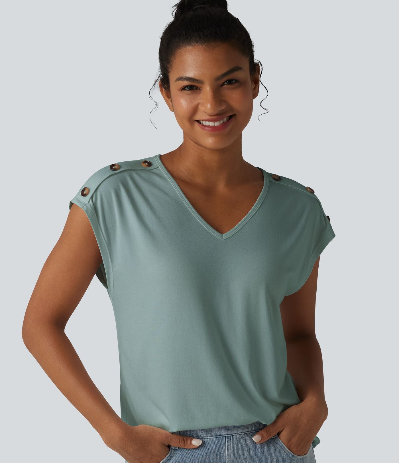 T-shirt décontracté col V manches courtes boutons décoratifs