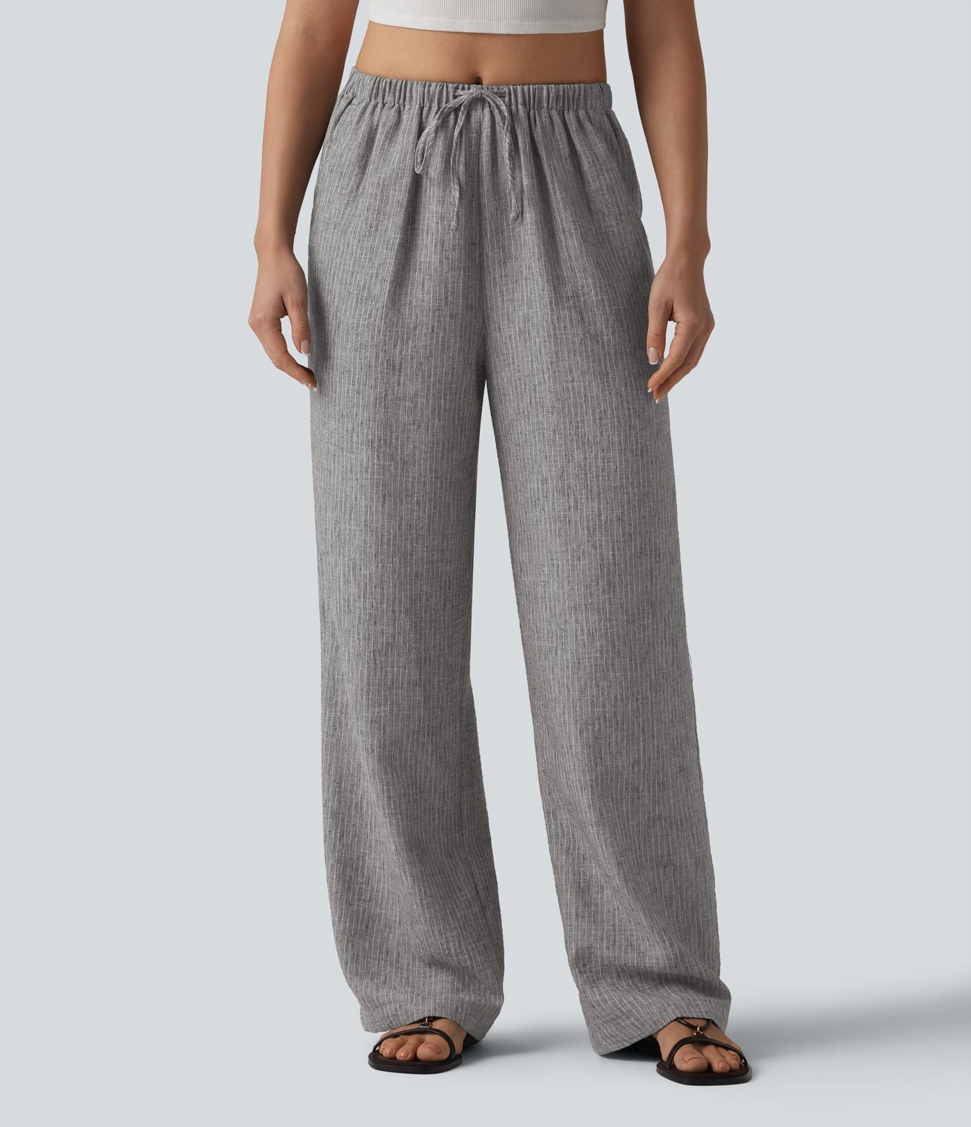 Pantalon décontracté ample rayé taille mi-haute avec cordon de serrage et poches
