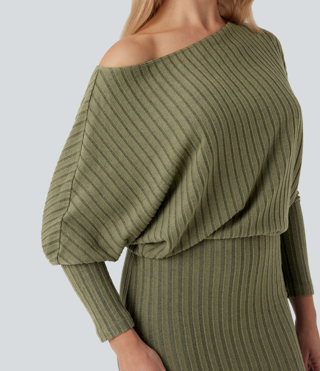 Robe de mi-longue moulante décontractée maille côtelée épaules dénudées manches chauve-souris