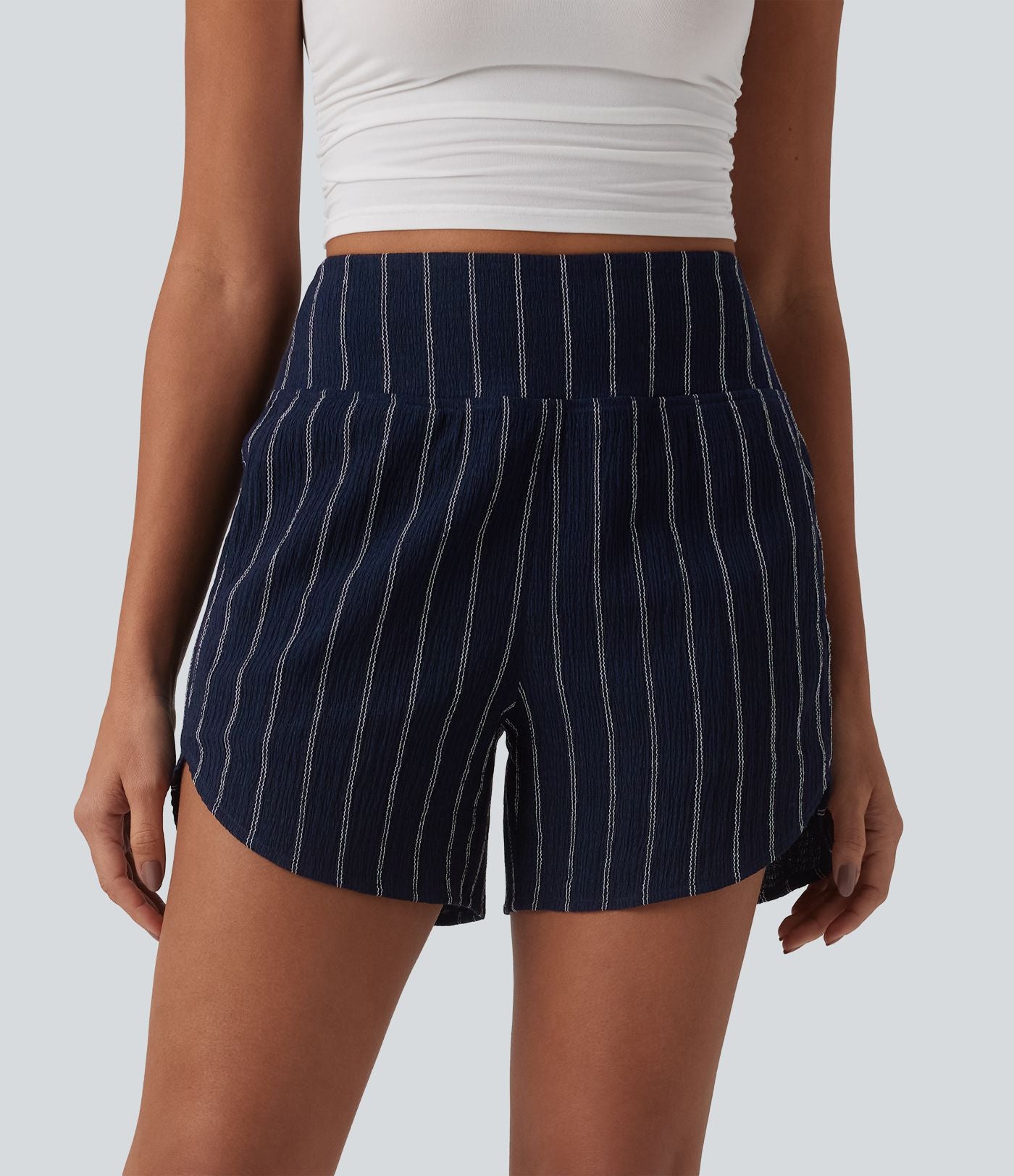 Short casual taille haute ourlet arrondi rayures avec poches