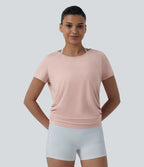 Haut sport yoga col rond manches raglan courtes dos découpé froncé