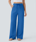 Pantalon large fluide taille haute avec cordon de serrage, poches latérales et aspect lin