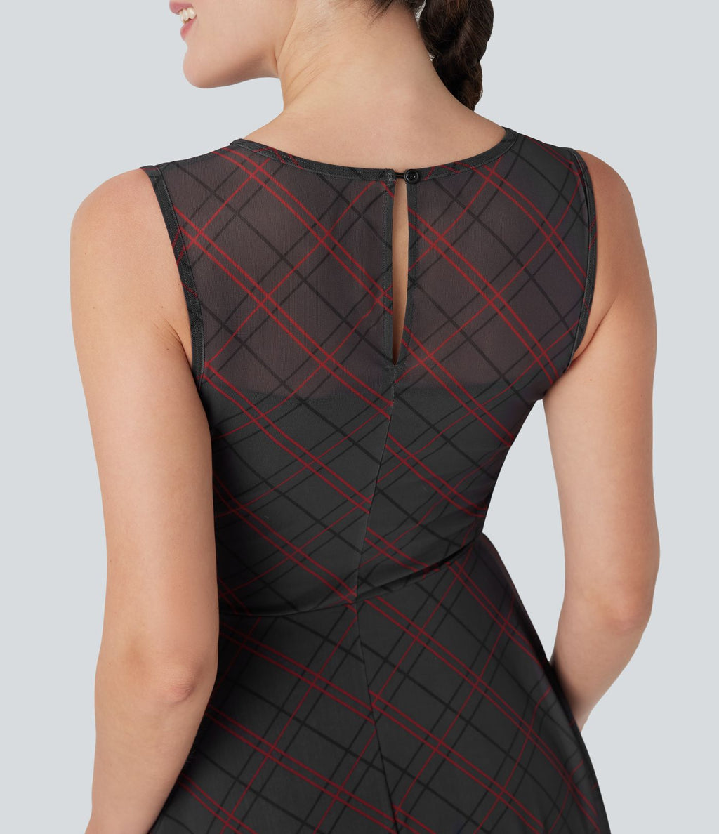 Robe mini décontractée 2-en-1 sans manches à carreaux avec empiècements mesh contrastés et poche latérale