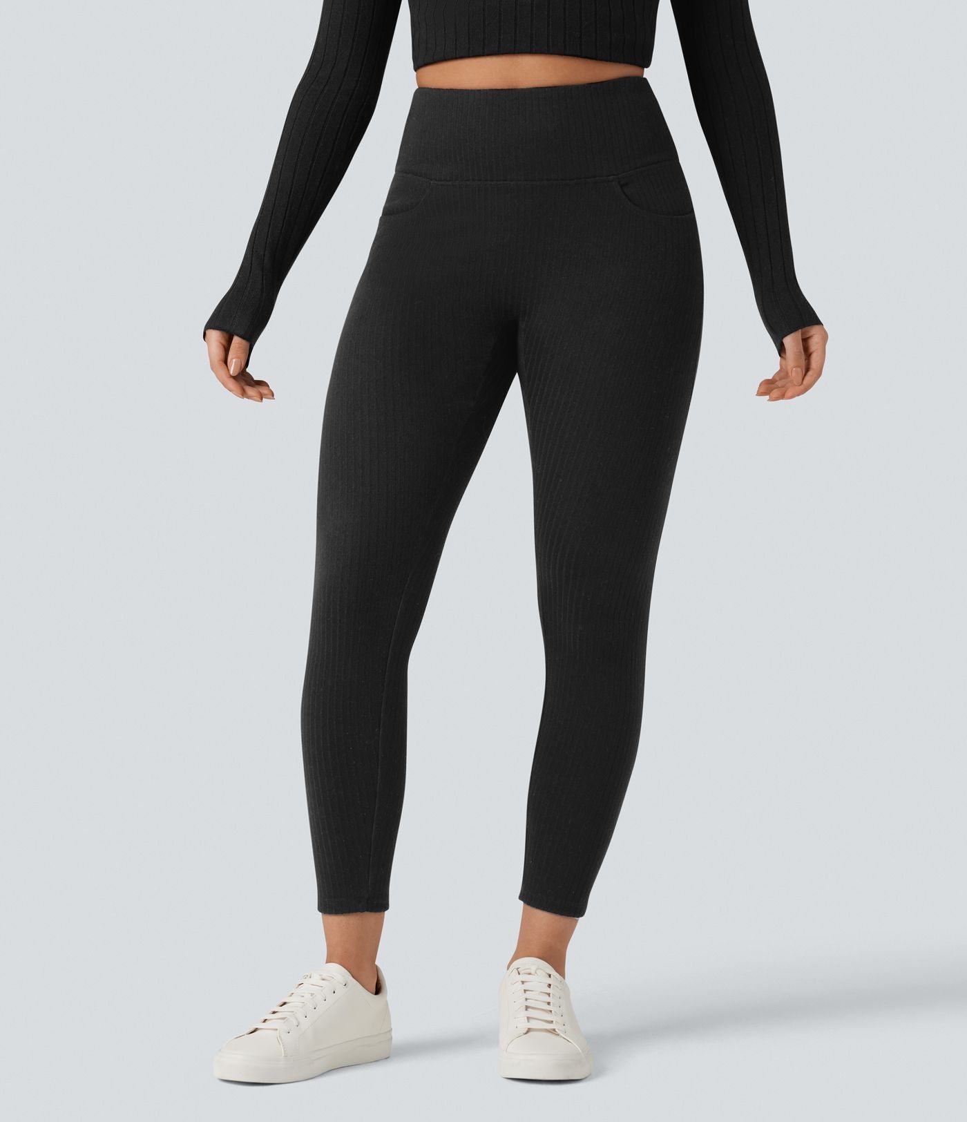 Legging côtelé croisé dans le dos taille haute avec poches