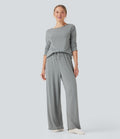 Pantalon détente taille haute coupe droite finitions plissées pointelle avec cordon de serrage