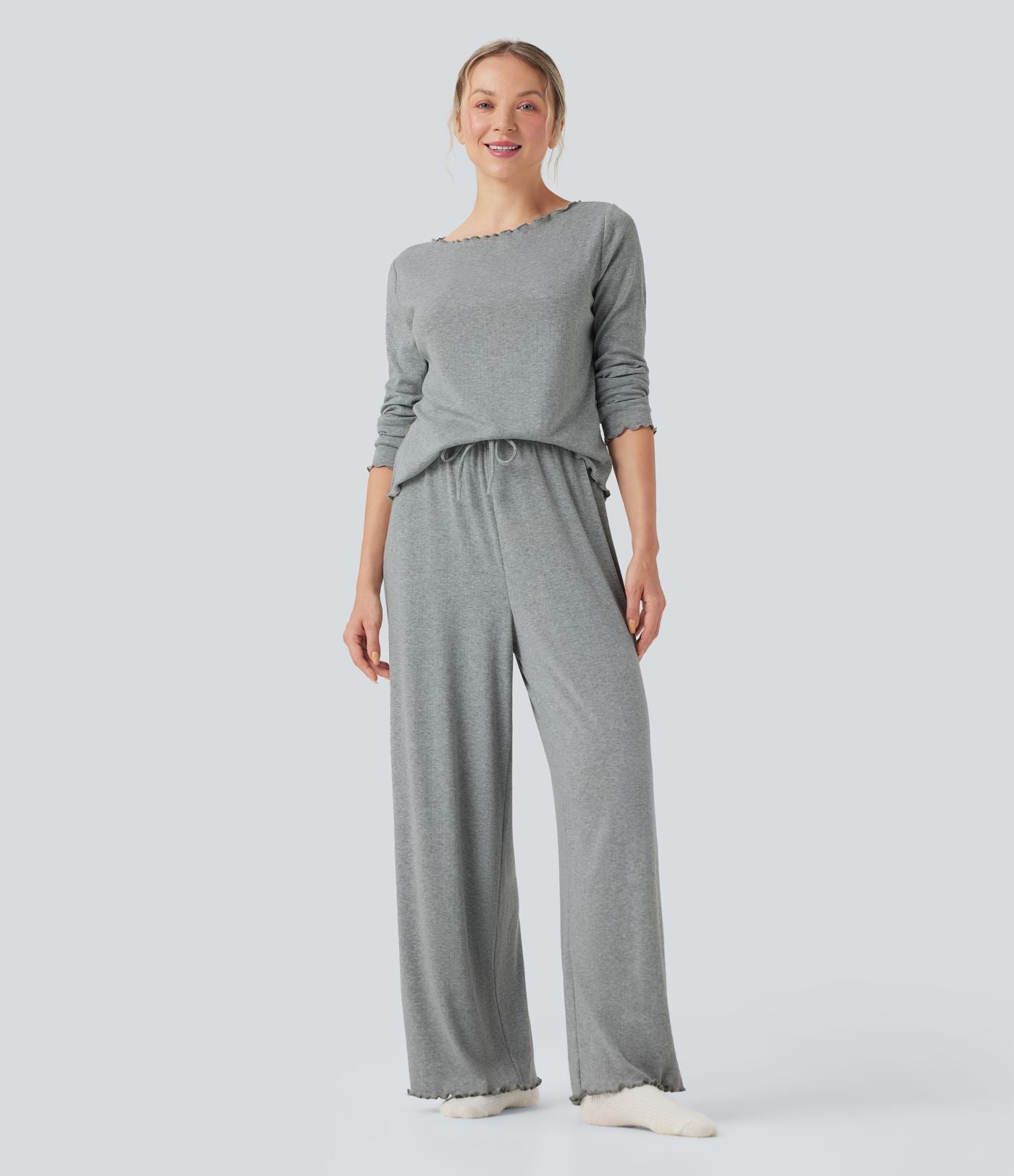 Pantalon détente taille haute coupe droite finitions plissées pointelle avec cordon de serrage