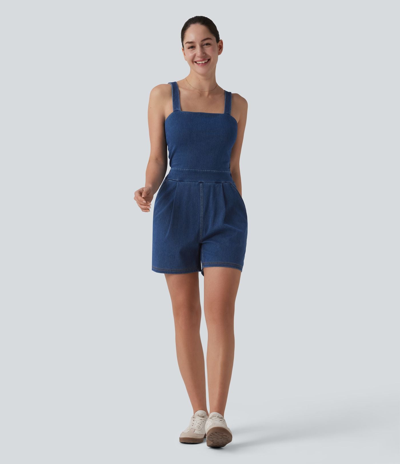 Halara Flex™ Combinaison short casual en denim sans manches à encolure carrée avec poches — Édition Easy Peasy
