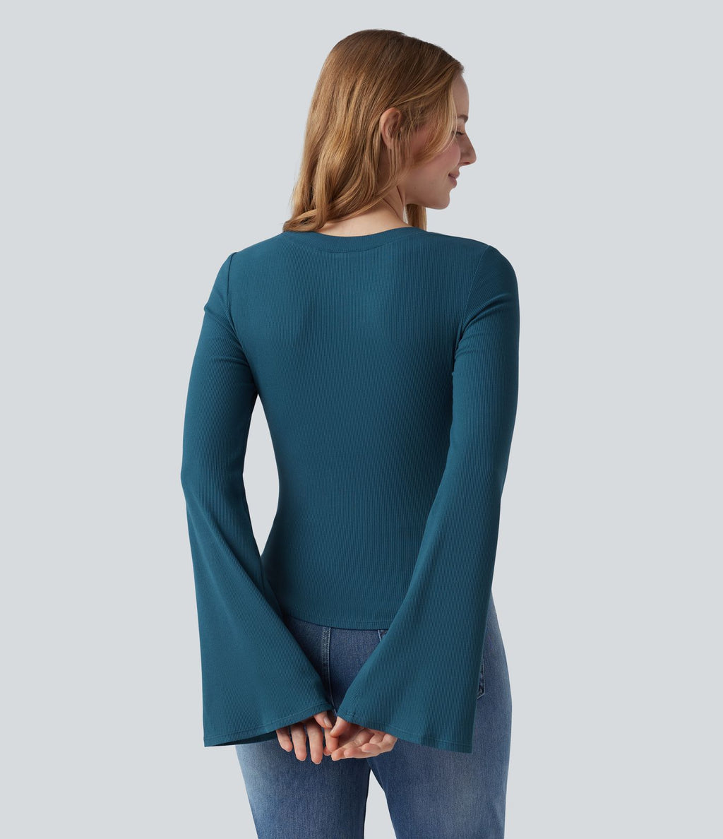 T-shirt en maille côtelée décolleté carré manches à volants froncé ourlet arrondi