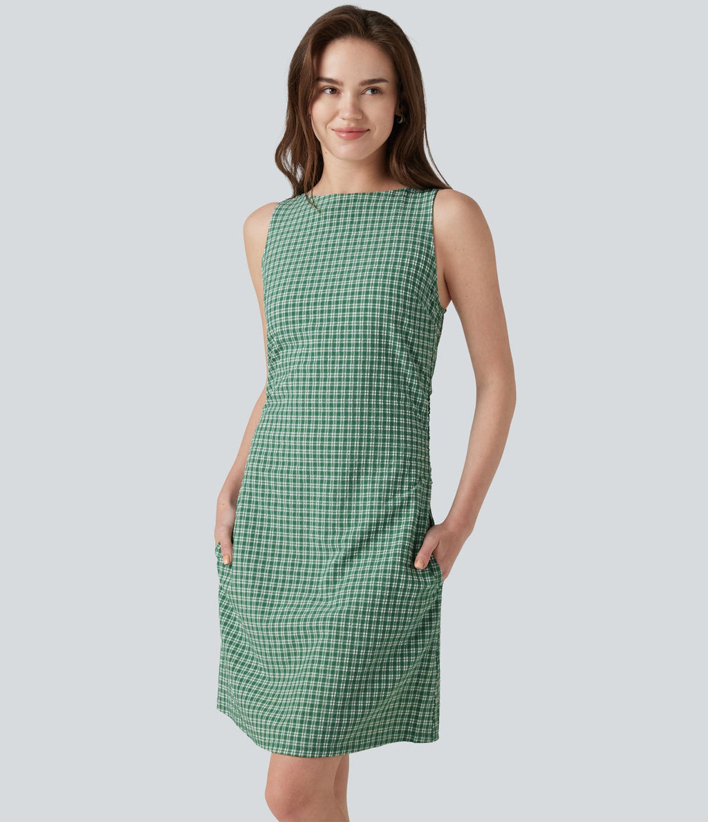 Robe mini casual sans manches col bateau à carreaux vichy, avec poches
