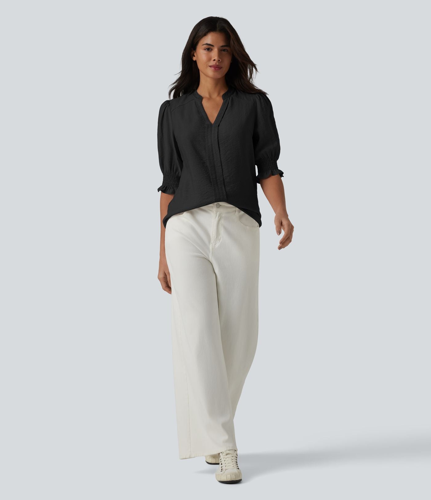 Blouse décontractée à col en V et manches courtes bouffantes