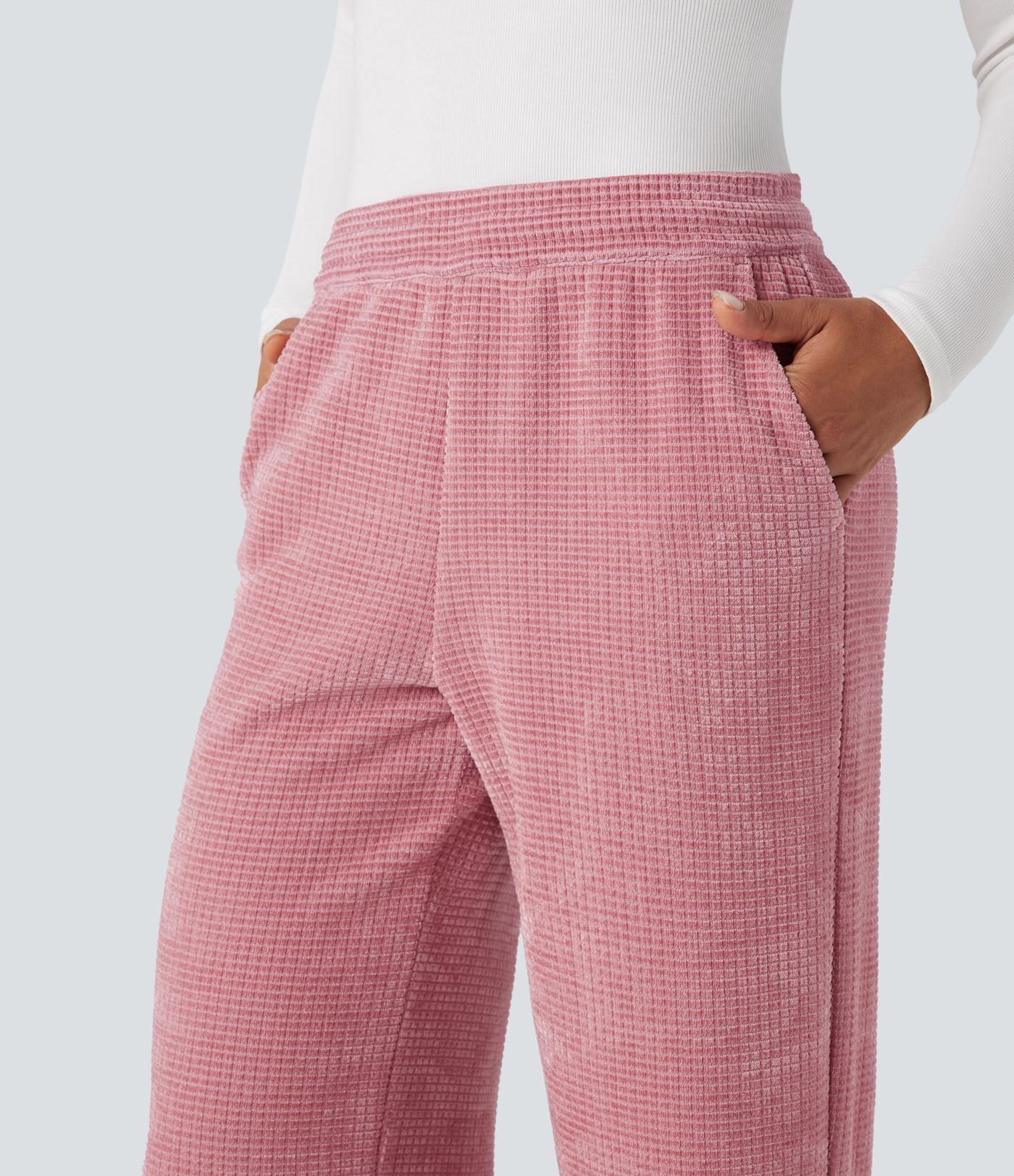 Pantalon chenille gaufré coupe droite taille mi-haute avec poches