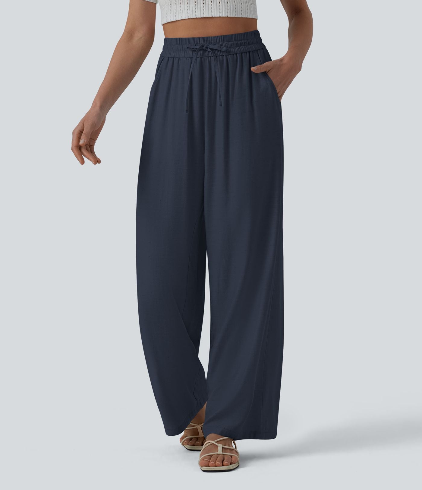 Pantalon casual large mélange lin taille haute avec cordon de serrage et poches