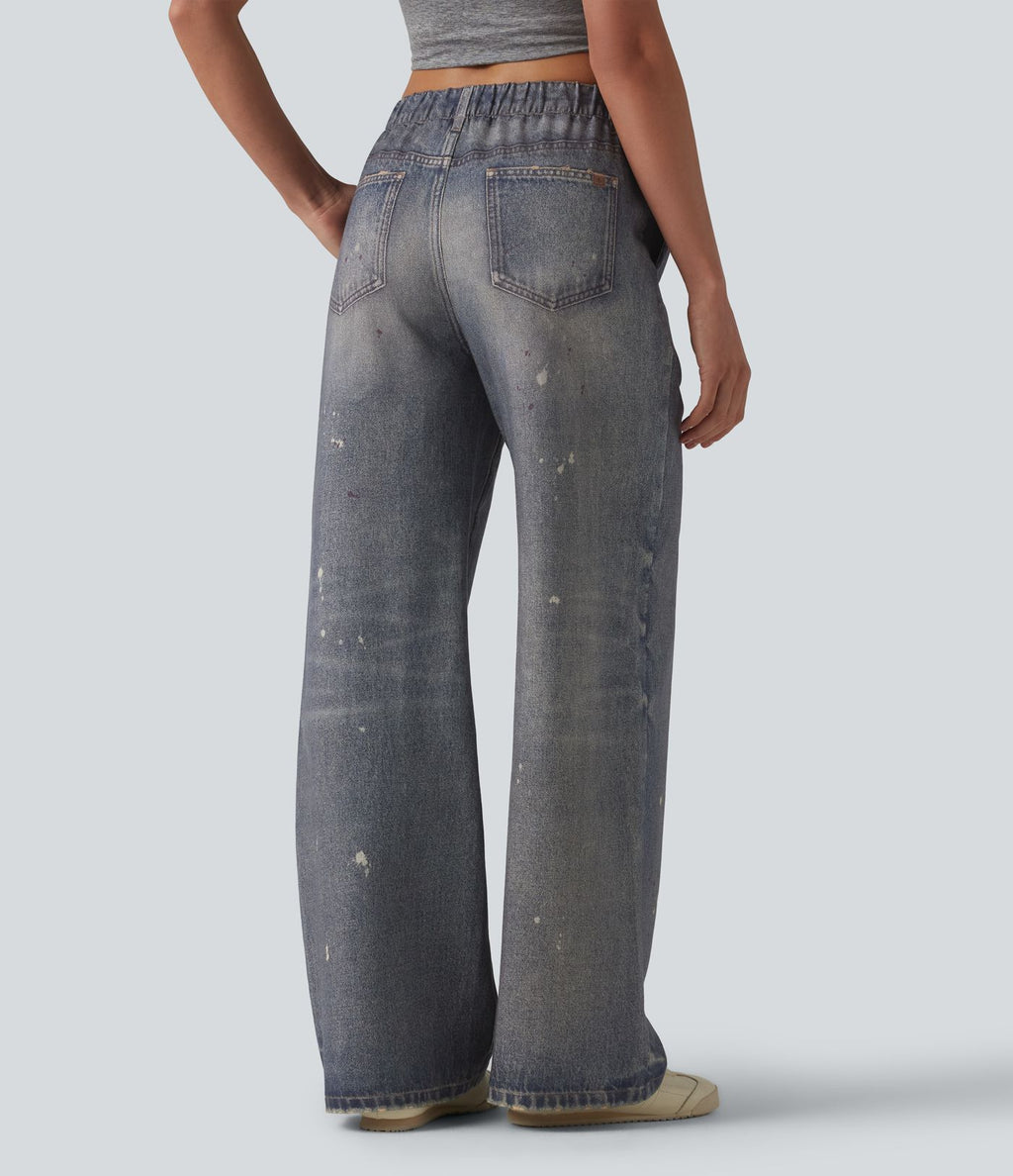Jogging jean décontracté en molleton French Terry imprimé denim taille mi-haute avec poches