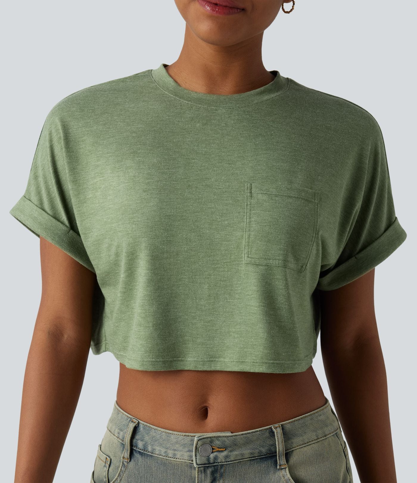 T-shirt décontracté court chiné col rond manches courtes coupe ample avec poche
