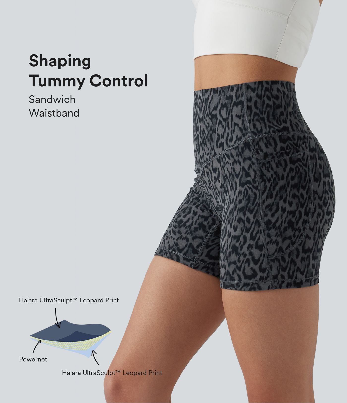 Short cycliste d'entraînement Halara UltraSculpt™ taille haute gainant imprimé léopard 12,5 cm avec poches